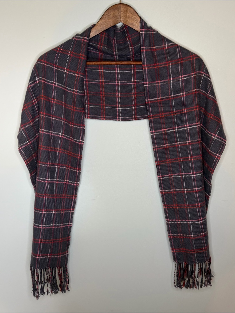 Lands' End Gray & Red Gingham CashTouch Winter Scarf Plaid 62.5" x 12"